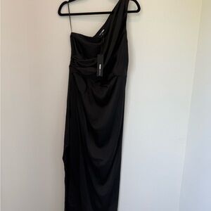 Fashion Nova Black Asymmetrical Ruched Cocktail Gown